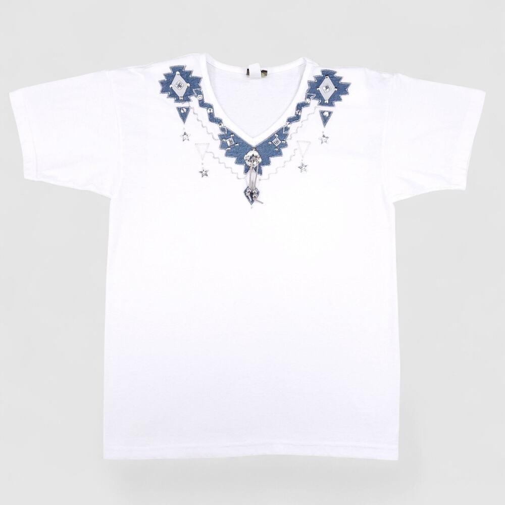 VTG Cactus T-shirt Womens L White V-neck Denim Aztec Appliques Western‎ 80s 90s